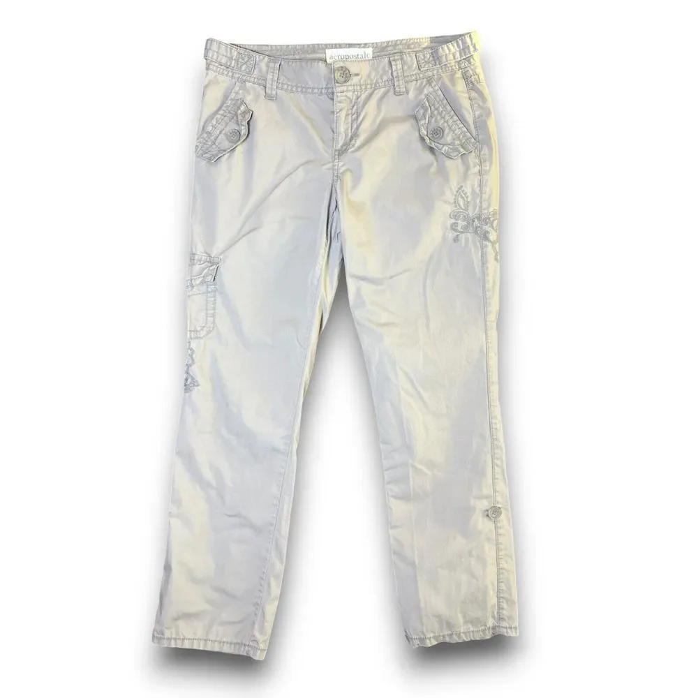 Y2K Aeropostale Embroidered Khaki Cargo Pants Jrs Size 7/8‎ 90s Retro Gorpcore